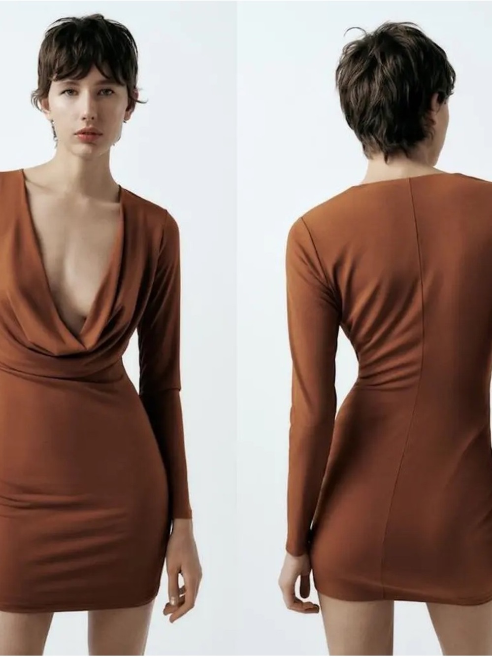 Zara Rust Brown Draped Deep-V Long-Sleeve Mini Dress
